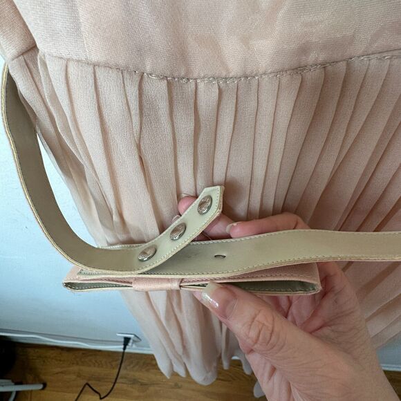 Vintage Size 15 Peach Chiffon Pleated Belted Sleeveless Dress Drape Neck BackZip - Picture 8 of 16